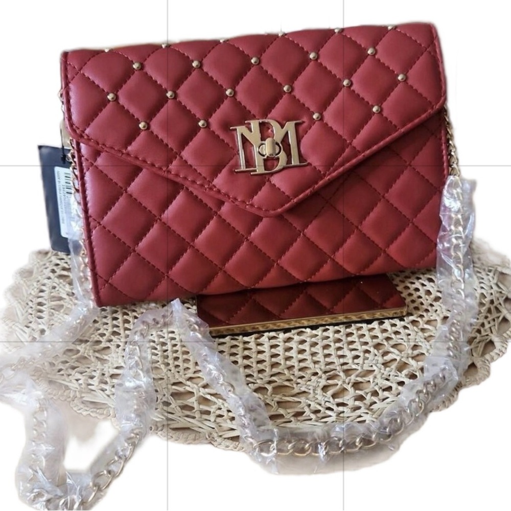 New Badgley Mischka Red Leather Quilted Crossbody Bag/Clutch